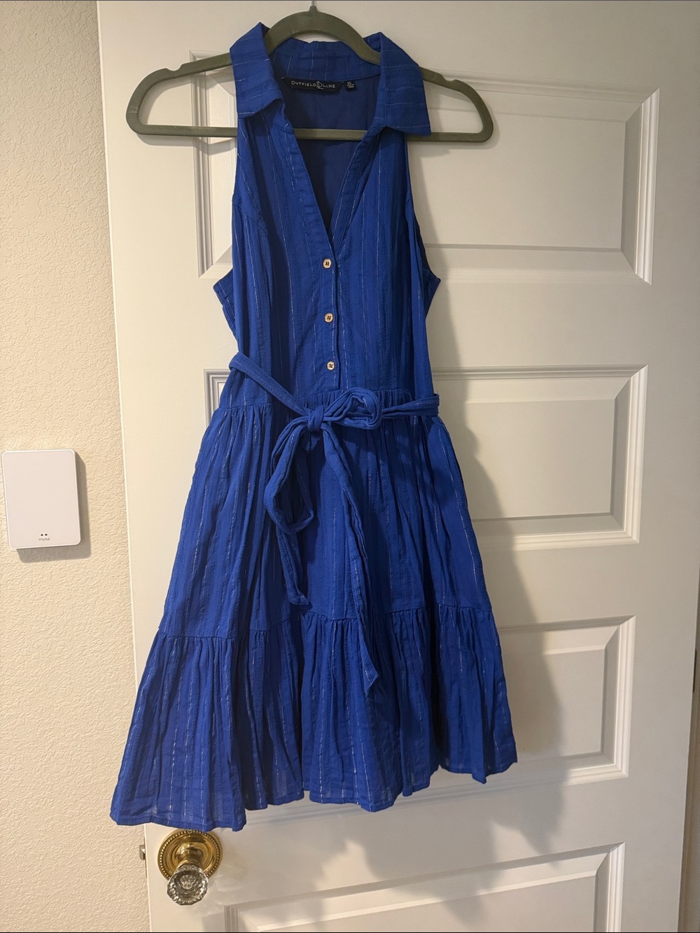 Duffield Lane Royal Blue Sleeveless Collared Midi Dress with Waist Tie